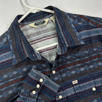 Salt Valley Western Shirt Mens Medium Pearl Snap Blue Striped Aztec Cotton - Thumbnail 2