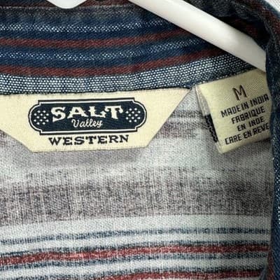 Salt Valley Western Shirt Mens Medium Pearl Snap Blue Striped Aztec Cotton - Thumbnail 6