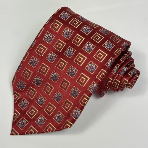 ERMENEGILDO ZEGNA Mens 100% Silk Tie Floral Geometric Squares Red Necktie EUC - Thumbnail 2