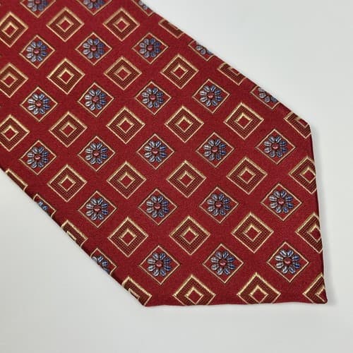 ERMENEGILDO ZEGNA Mens 100% Silk Tie Floral Geometric Squares Red Necktie EUC - Thumbnail 3