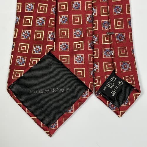 ERMENEGILDO ZEGNA Mens 100% Silk Tie Floral Geometric Squares Red Necktie EUC - Thumbnail 5