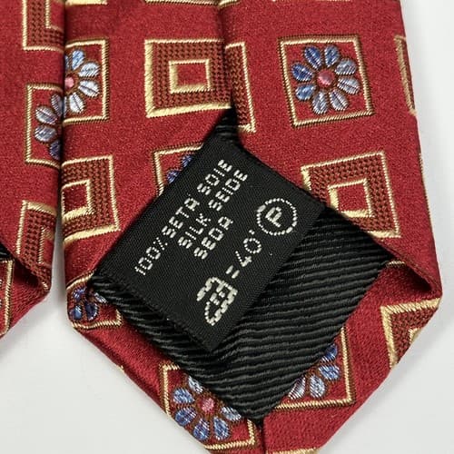 ERMENEGILDO ZEGNA Mens 100% Silk Tie Floral Geometric Squares Red Necktie EUC - Thumbnail 7