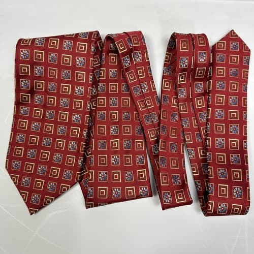 ERMENEGILDO ZEGNA Mens 100% Silk Tie Floral Geometric Squares Red Necktie EUC - Thumbnail 4