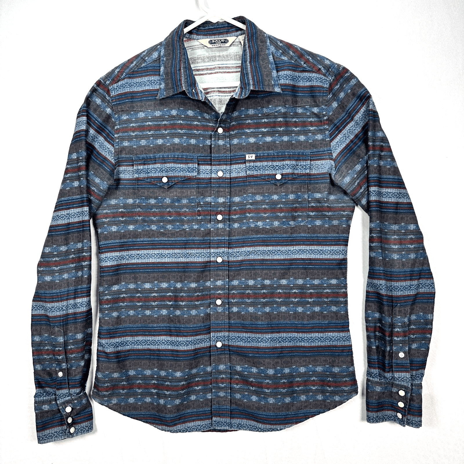 Salt Valley Western Shirt Mens Medium Pearl Snap Blue Striped Aztec Cotton - Image 1