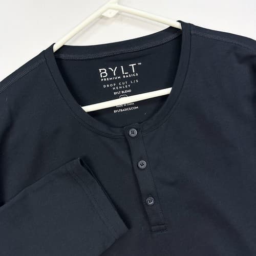 BYLT Drop Cut L/S Henley Shirt Mens 2XL Long Sleeve Navy Blue Active Stretch EUC - Thumbnail 3