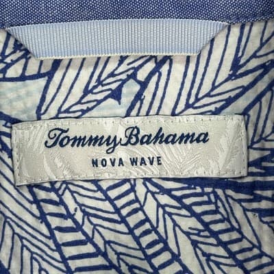Tommy Bahama Nova Wave Shirt Mens Medium Blue White Seersucker Leaf Button Front - Thumbnail 5