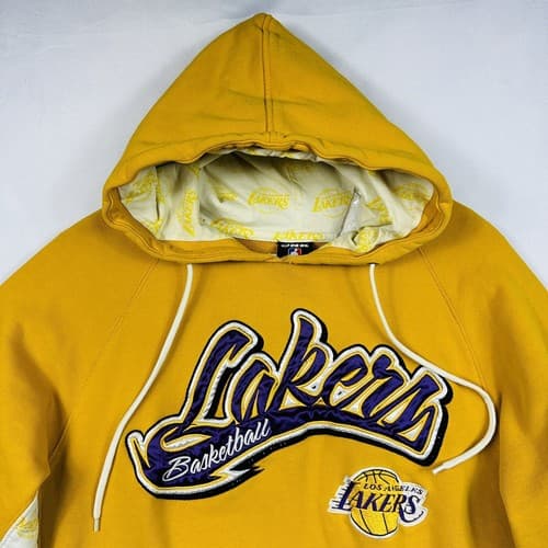 Vintage Los Angeles Lakers Hoodie UNK Medium Pullover Sweatshirt 3 Logos Gold - Thumbnail 6