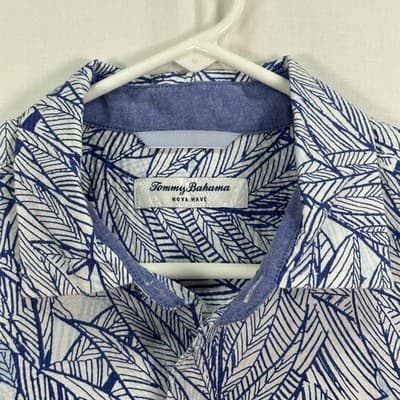 Tommy Bahama Nova Wave Shirt Mens Medium Blue White Seersucker Leaf Button Front - Thumbnail 4