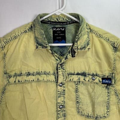 KAVU Shirt Mens Large Yellow Short Sleeve Snap Front Utility Acid Wash Pocket - Thumbnail 3