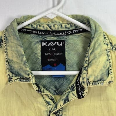 KAVU Shirt Mens Large Yellow Short Sleeve Snap Front Utility Acid Wash Pocket - Thumbnail 4