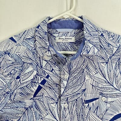 Tommy Bahama Nova Wave Shirt Mens Medium Blue White Seersucker Leaf Button Front - Thumbnail 2