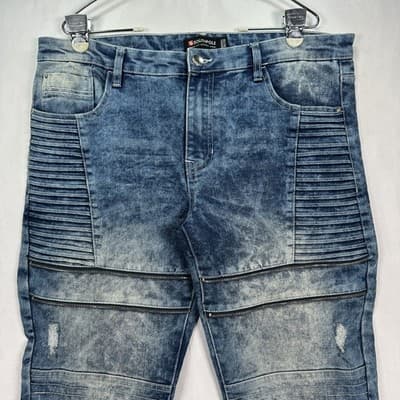 Southpole Skinny Fit Moto Jeans Mens 36 x 30 Blue Denim Biker Zipper Acid Wash - Thumbnail 3