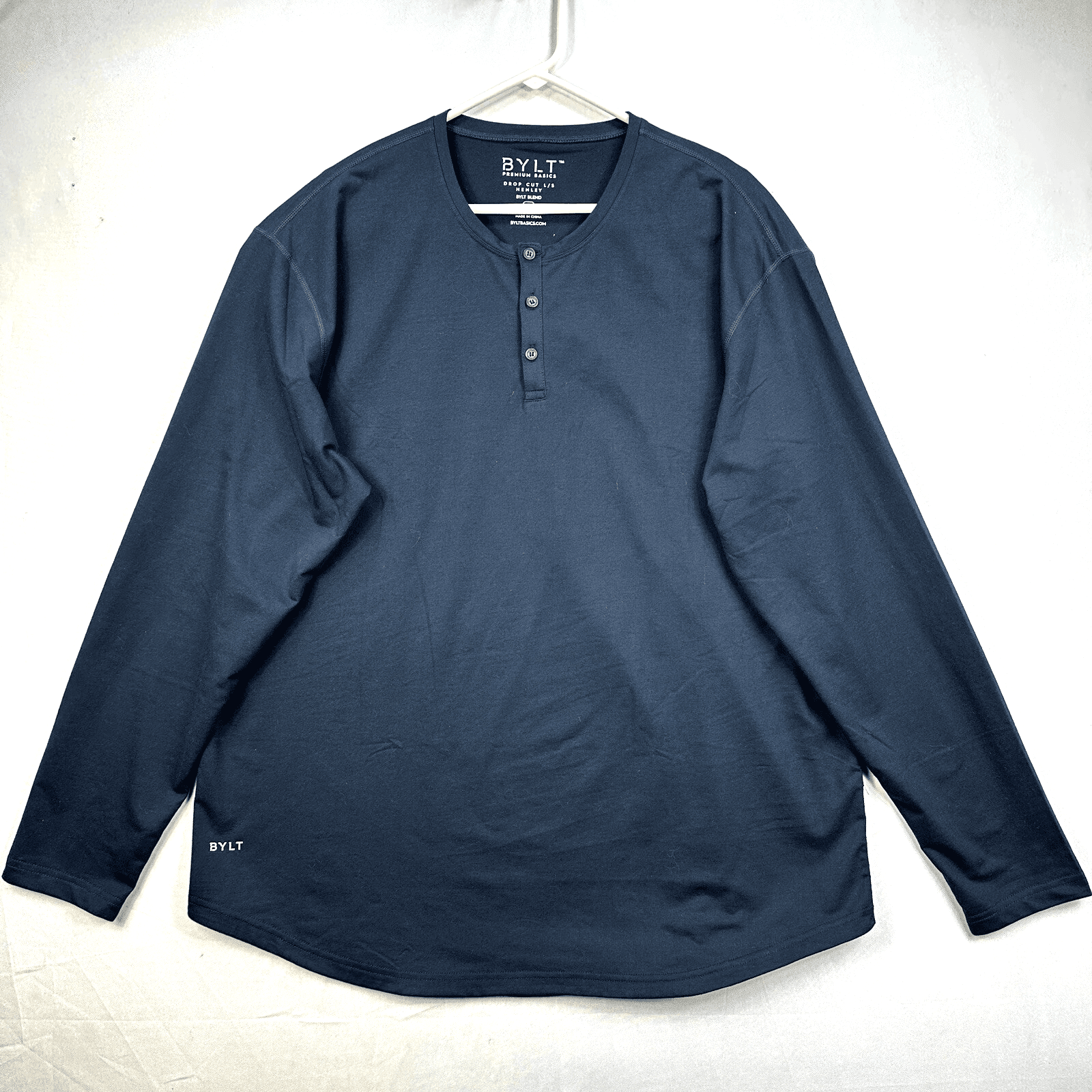 BYLT Drop Cut L/S Henley Shirt Mens 2XL Long Sleeve Navy Blue Active Stretch EUC - Image 1
