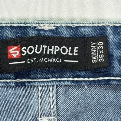 Southpole Skinny Fit Moto Jeans Mens 36 x 30 Blue Biker Zipper Acid Wash - Thumbnail 5
