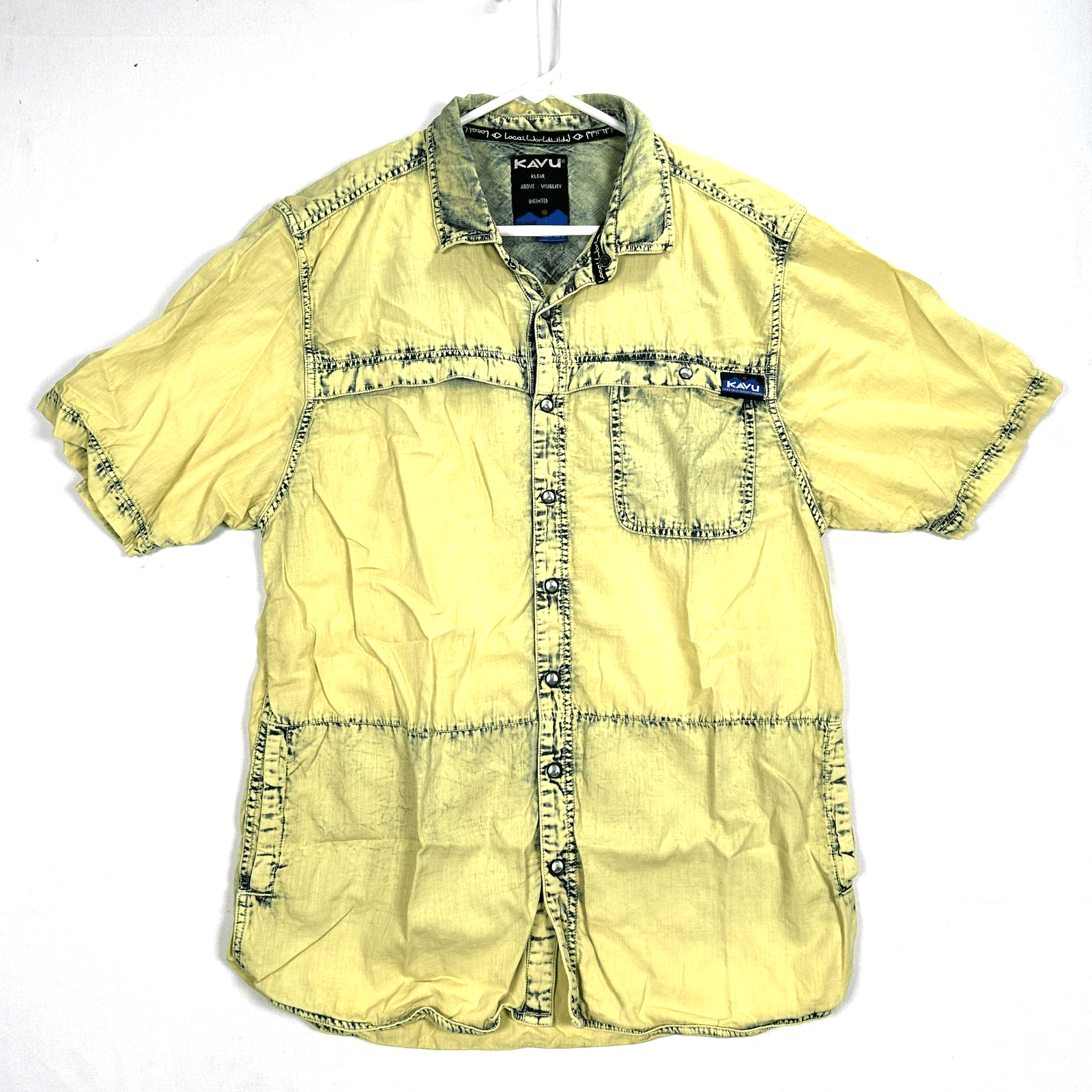 KAVU Shirt Mens Large Yellow Short Sleeve Snap Front Utility Acid Wash Pocket - Image 1