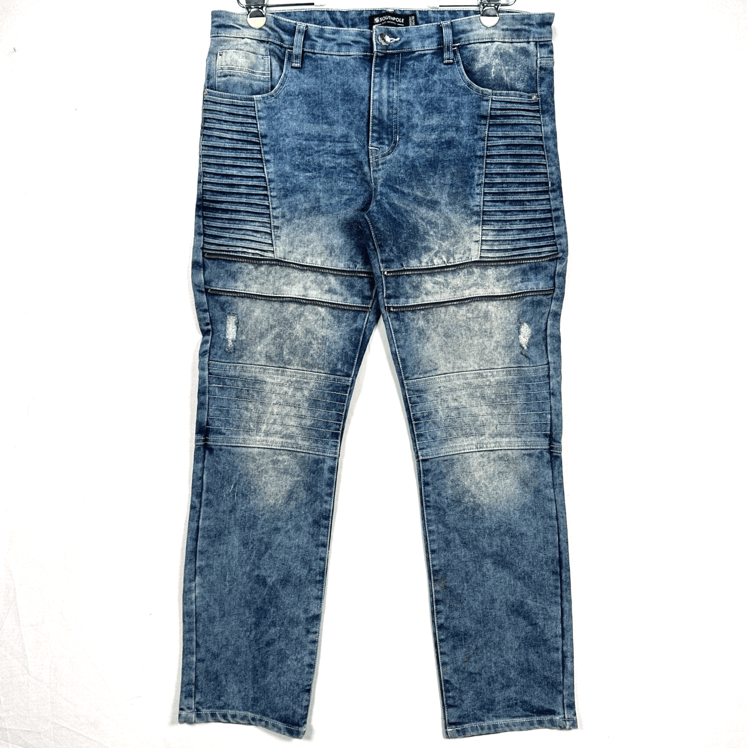 Southpole Skinny Fit Moto Jeans Mens 36 x 30 Blue Denim Biker Zipper Acid Wash - Image 1