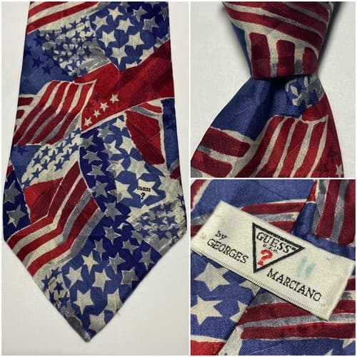 Vintage Guess by Georges Marciano Silk Necktie Red White Blue Flag Tie July 4th - Thumbnail 2