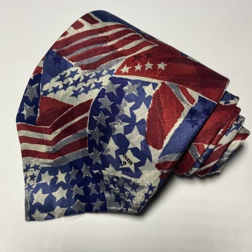 Vintage Guess by Georges Marciano Silk Necktie Red White Blue Flag Tie July 4th - Thumbnail 3
