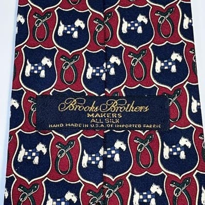 Brooks Brothers Men 100% Silk Tie Burgundy Red Navy Geometric Scottie Dog Shield - Thumbnail 4