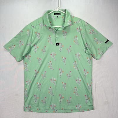 Bad Birdie Polo Shirt Mens Large Green Cactus Print Golf Performance Stretch - Thumbnail 2