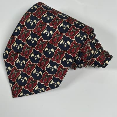 Brooks Brothers Men 100% Silk Tie Burgundy Red Navy Geometric Scottie Dog Shield - Thumbnail 2
