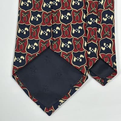 Brooks Brothers Men 100% Silk Tie Burgundy Red Navy Geometric Scottie Dog Shield - Thumbnail 5
