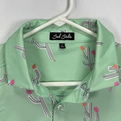 Bad Birdie Polo Shirt Mens Large Green Cactus Print Golf Performance Stretch - Thumbnail 4
