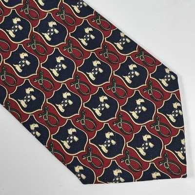 Brooks Brothers Men 100% Silk Tie Burgundy Red Navy Geometric Scottie Dog Shield - Thumbnail 3