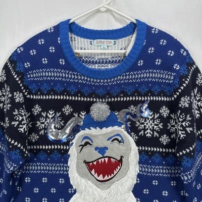 Ugly XMAS Sweater Mens XL Blue Yeti Christmas Holiday Hype Pullover Fair Isle - Thumbnail 4