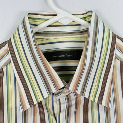 Ermenegildo Zegna Dress Shirt Mens Medium Multicolor Striped Long Sleeve Button - Thumbnail 4