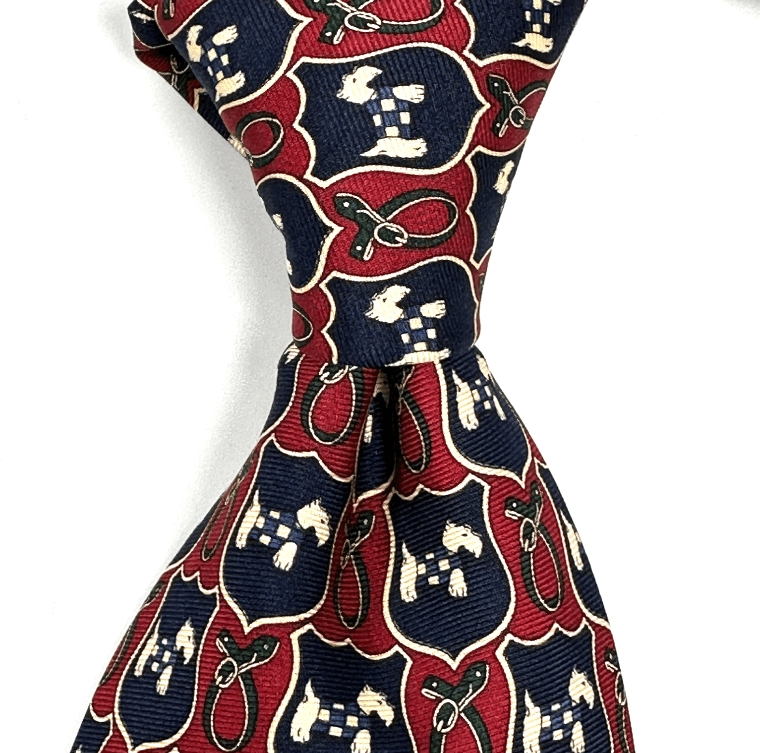 Brooks Brothers Men 100% Silk Tie Burgundy Red Navy Geometric Scottie Dog Shield - Image 1