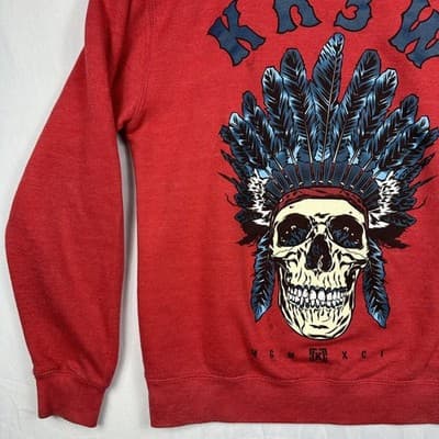 KR3W Mens Red Skull Headdress Graphic Crewneck Sweatshirt Small Heathered Fleece - Thumbnail 4