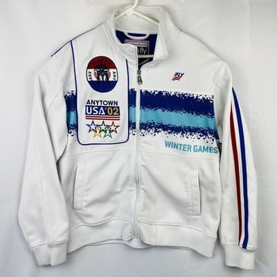 Born Fly Mens XL Anytown USA 02 Winter Games Track Jacket White Blue Full Zip - Image 1