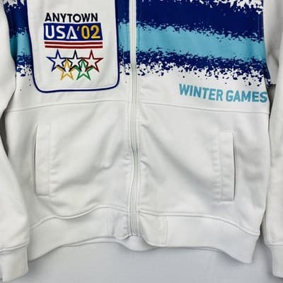 Born Fly Mens XL Anytown USA 02 Winter Games Track Jacket White Blue Full Zip - Thumbnail 3