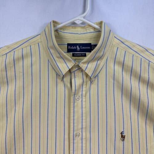 Ralph Lauren Oxford Shirt Mens 2XL Yellow Blue Striped Long Sleeve Flesh Pony - Thumbnail 4