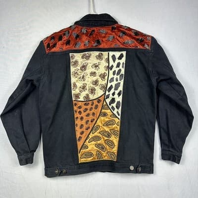 Cedars Vintage 90s Beaded Animal Print Denim Jacket Black Cotton Womens Small - Thumbnail 2