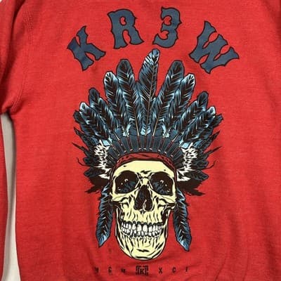 KR3W Mens Red Skull Headdress Graphic Crewneck Sweatshirt Small Heathered Fleece - Thumbnail 5