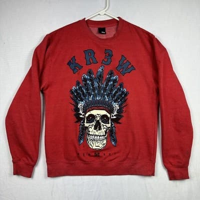 KR3W Mens Red Skull Headdress Graphic Crewneck Sweatshirt Small Heathered Fleece - Image 1