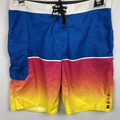 Rip Curl Mens Board Shorts Size 33 Blue Pink Orange Yellow Sunset Colorblock NEW - Image 1