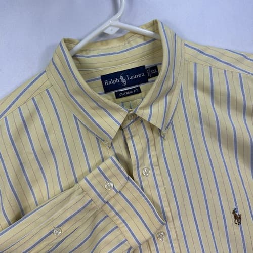 Ralph Lauren Oxford Shirt Mens 2XL Yellow Blue Striped Long Sleeve Flesh Pony - Image 1