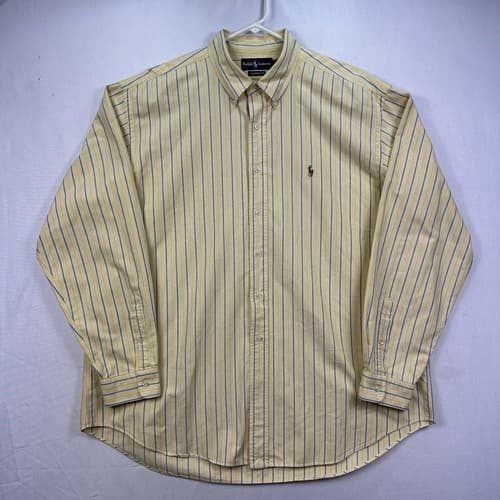 Ralph Lauren Oxford Shirt Mens 2XL Yellow Blue Striped Long Sleeve Flesh Pony - Thumbnail 2