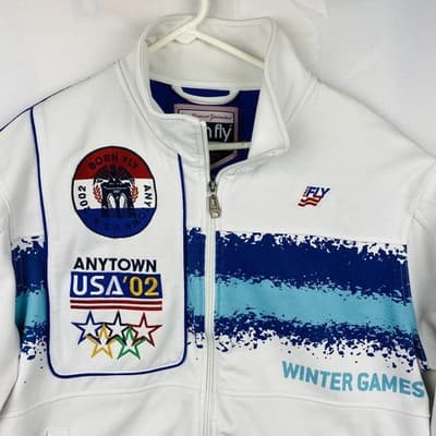 Born Fly Mens XL Anytown USA 02 Winter Games Track Jacket White Blue Full Zip - Thumbnail 6