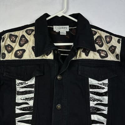 Cedars Vintage 90s Beaded Animal Print Denim Jacket Black Cotton Womens Small - Thumbnail 5