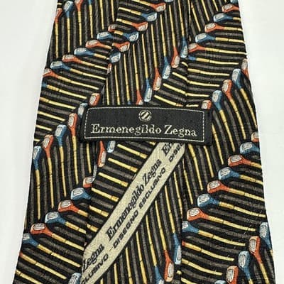 Ermenegildo Zegna Mens Silk Tie Black Gold Striped Golf Club Novelty Italy Long - Thumbnail 2