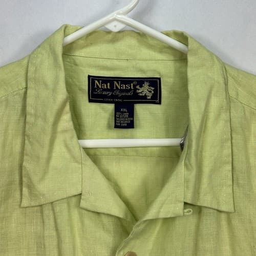 NAT NAST Linen Button Up Shirt Mens 2XL Short Sleeve Yellow Green Neon - Thumbnail 7