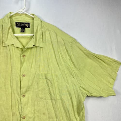 NAT NAST Linen Button Up Shirt Mens 2XL Short Sleeve Yellow Green Neon - Thumbnail 5
