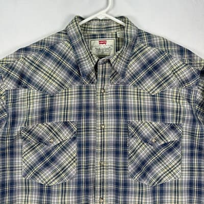 VINTAGE Levis Western Shirt Mens Large Plaid Pearl Snap Style Hong Kong 90s - Thumbnail 3