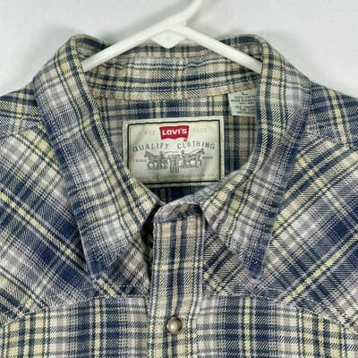 VINTAGE Levis Western Shirt Mens Large Plaid Pearl Snap Style Hong Kong 90s - Thumbnail 4
