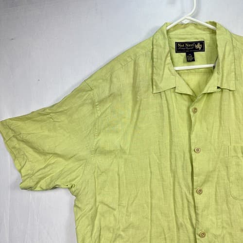 NAT NAST Linen Button Up Shirt Mens 2XL Short Sleeve Yellow Green Neon - Thumbnail 6