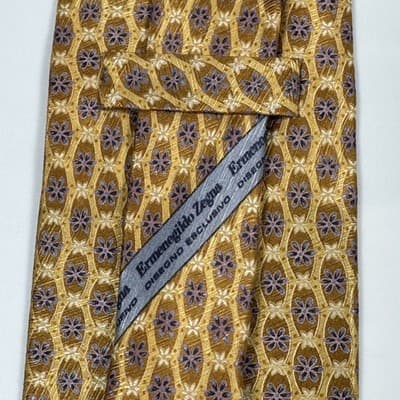 Ermenegildo Zegna Tie Mens 100% Silk Gold Purple Floral Geometric Made Italy - Thumbnail 4